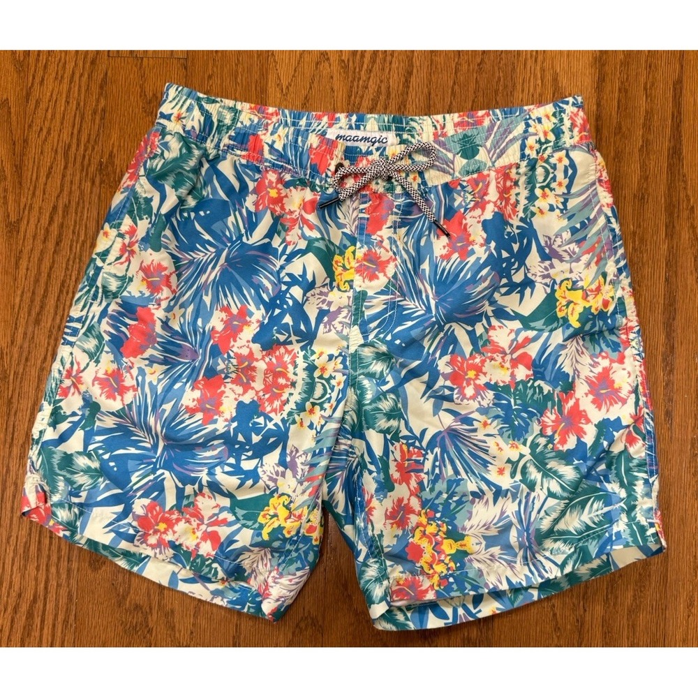 Maamgic Swim Trunks Mens M Floral Tropical  Blue Red Suit  Mesh Liner Drawstring